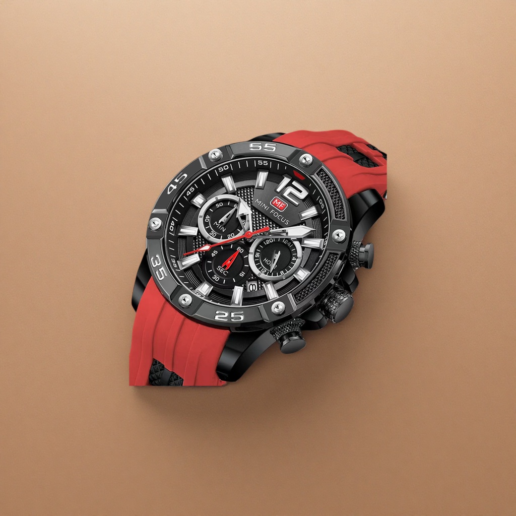 A men's waterproof sports mechanical watch with a black dial and a red strap details Picture