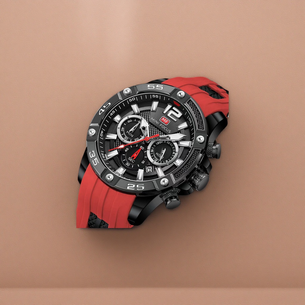 A men's waterproof sports mechanical watch with a black dial and a red strap Specification image