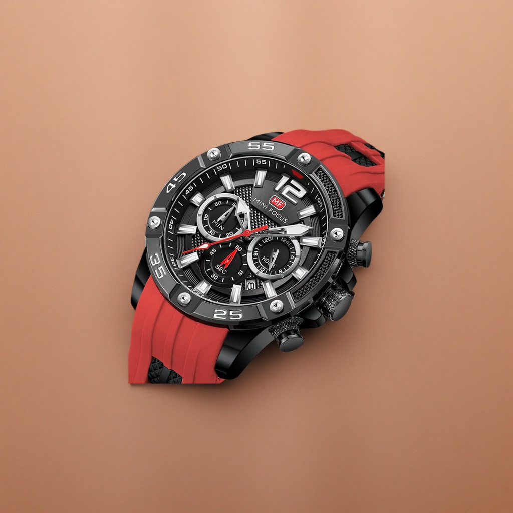 A men's waterproof sports mechanical watch with a black dial and a red strap Application Scenario