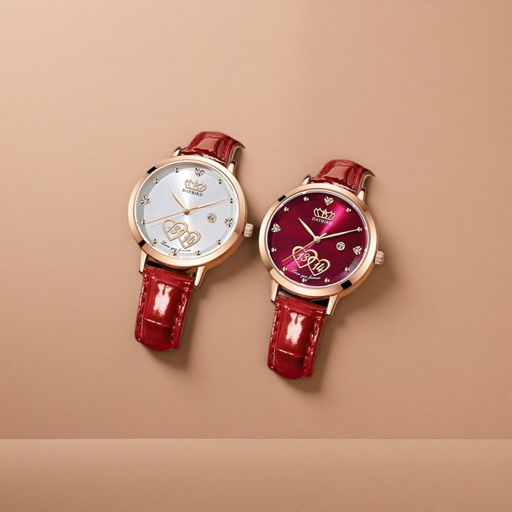 Rose gold case, red wine red leather strap watch