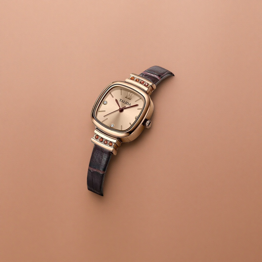 Ladies' wristwatch with rose gold case and black leather strap details Picture