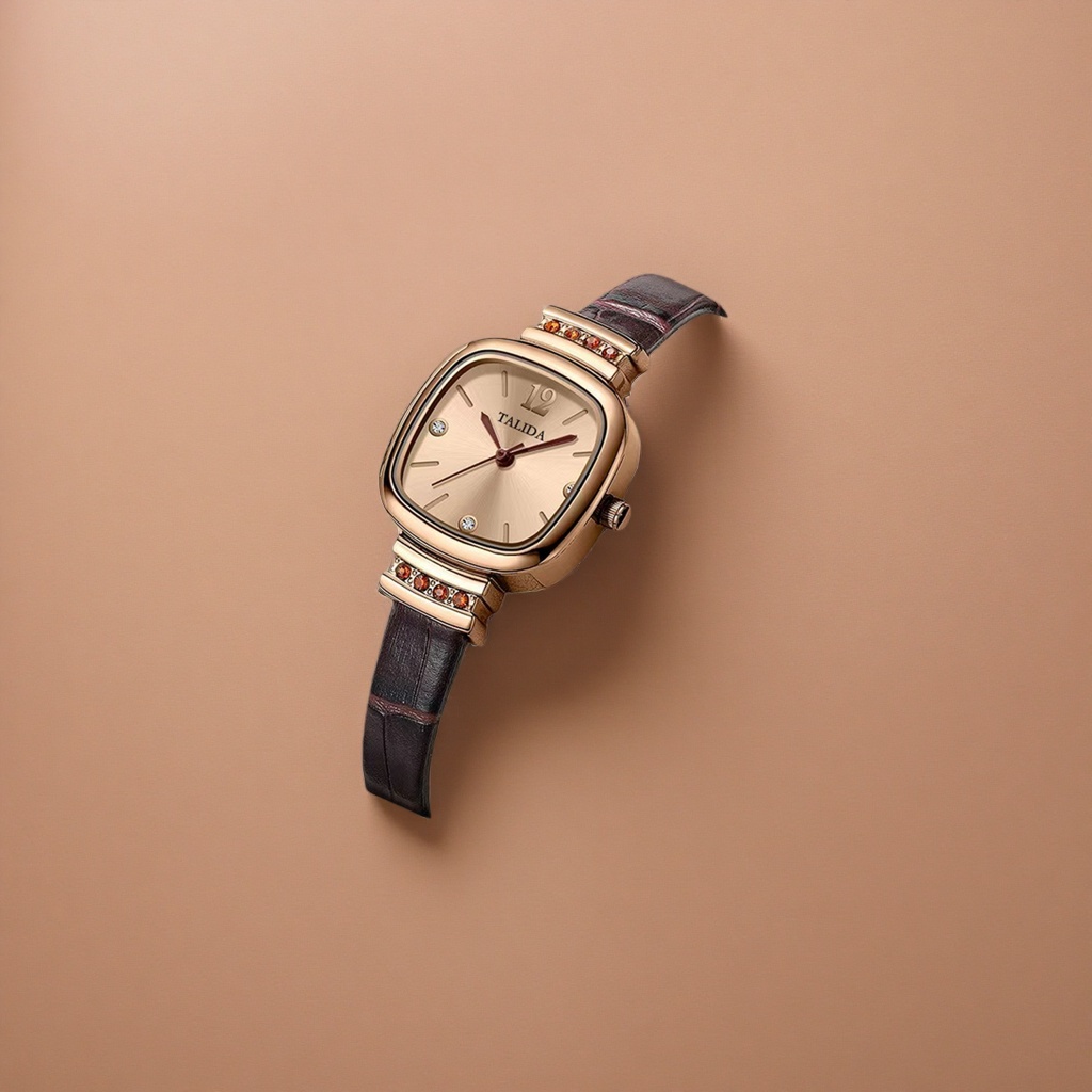 Ladies' wristwatch with rose gold case and black leather strap Application Scenario