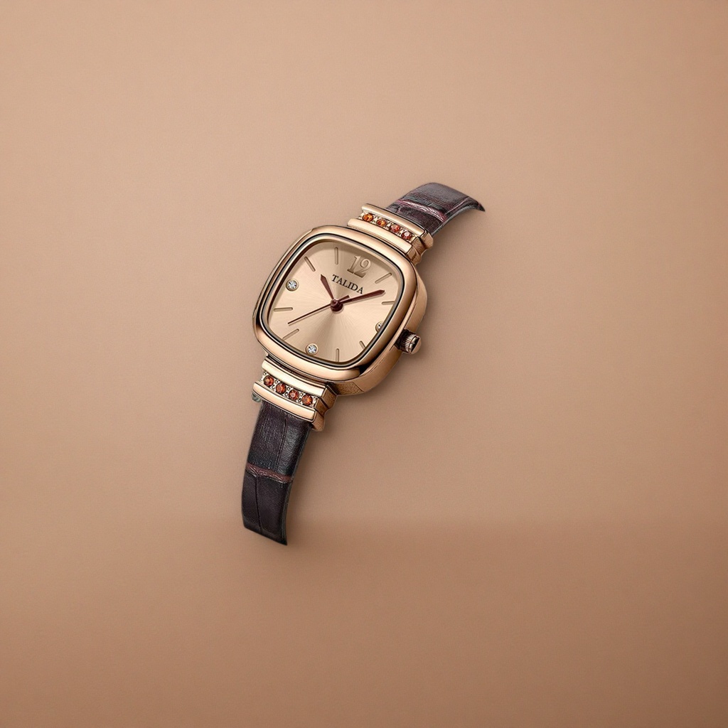 Ladies' wristwatch with rose gold case and black leather strap Specification image