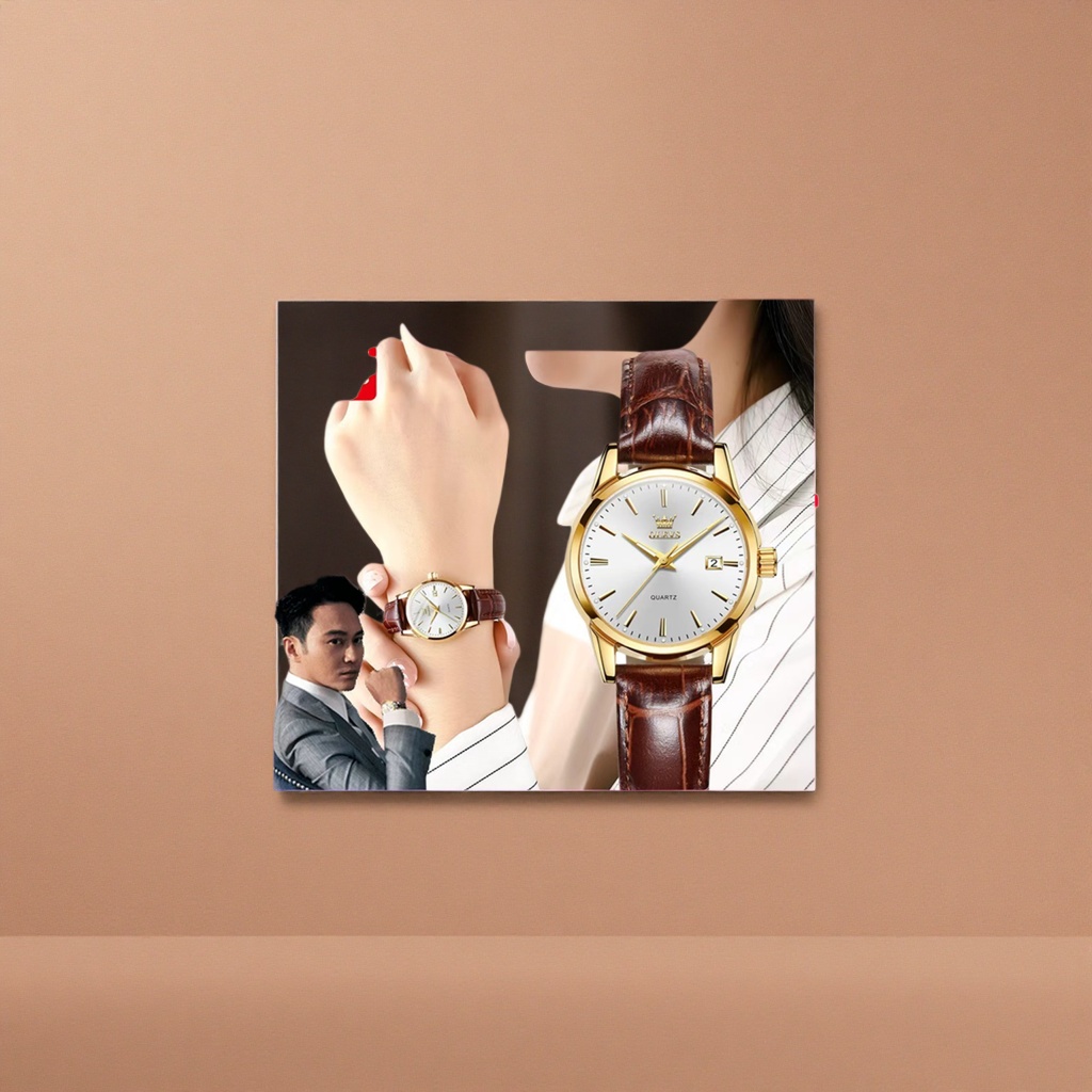 A men's watch with a golden case, white dial and brown leather strap