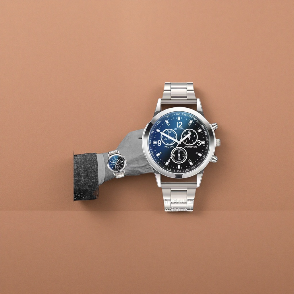 Chronograph with a silver metal strap and a blue dial Specification image