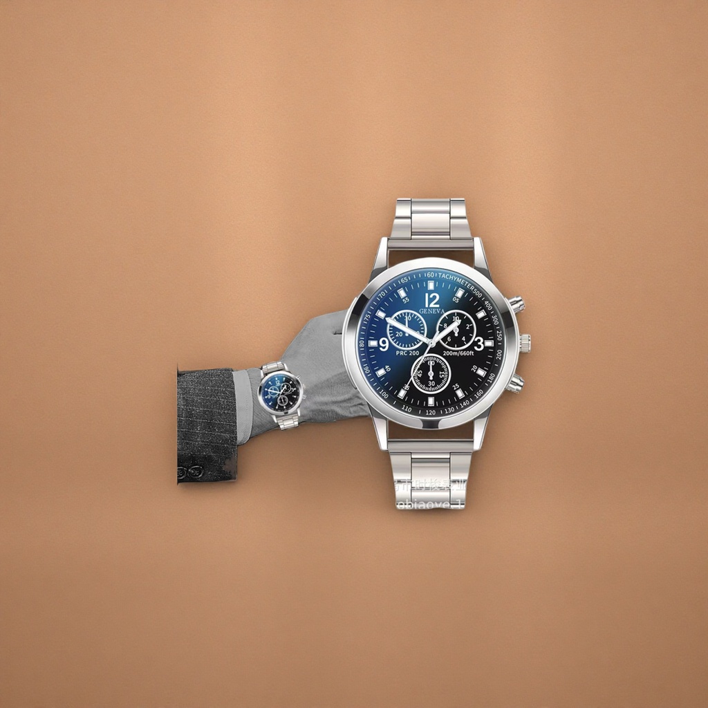 Chronograph with a silver metal strap and a blue dial details Picture