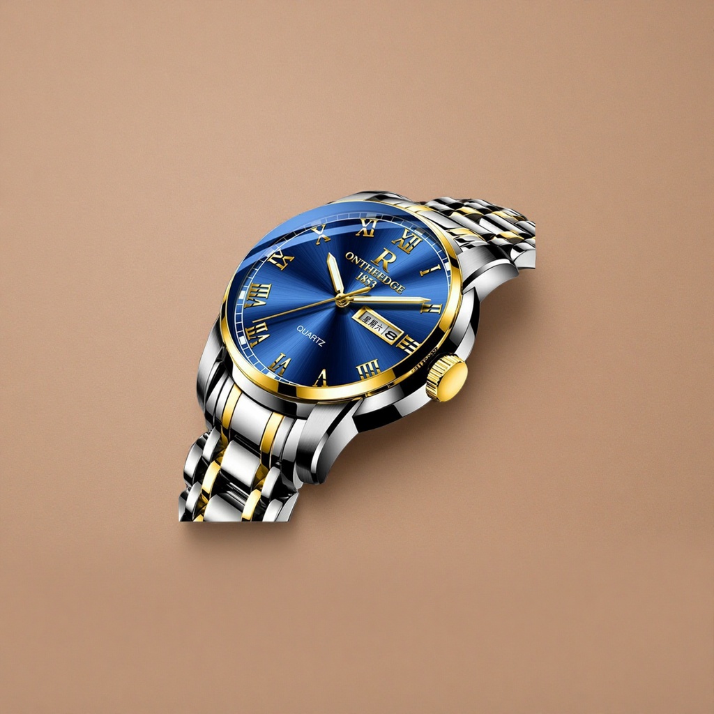 Ladies' quartz watch with a blue dial and golden Roman numerals details Picture