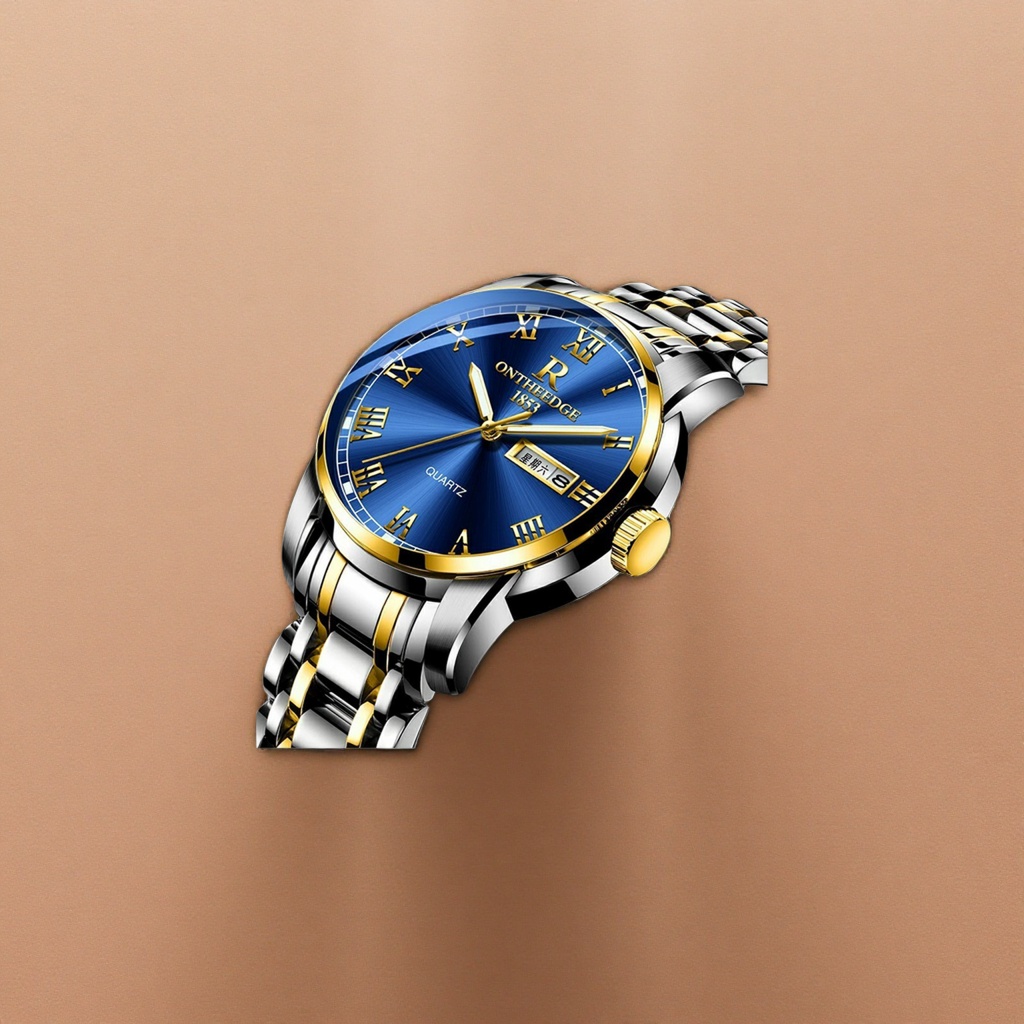 Ladies' quartz watch with a blue dial and golden Roman numerals Specification image
