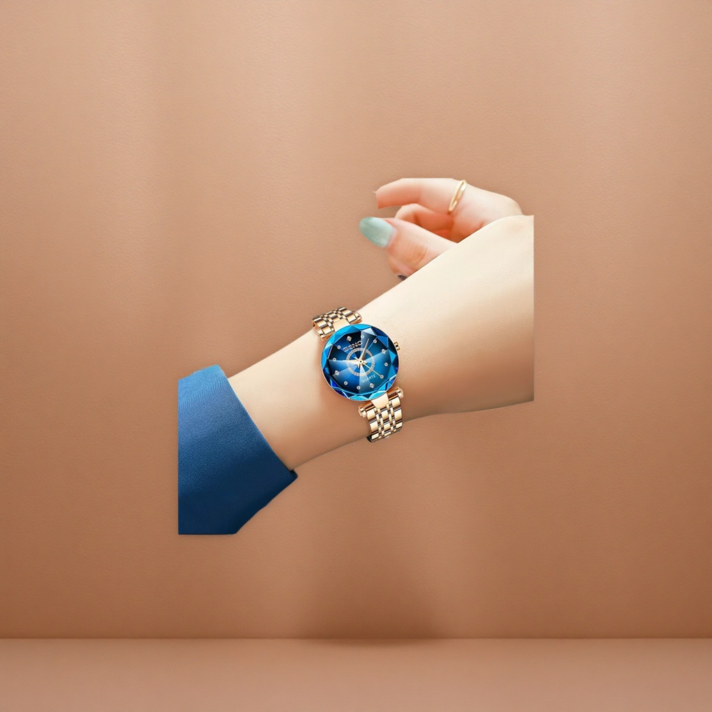 The quartz ladies' watch with a blue dial and golden strap is fashionable, simple and versatile details Picture