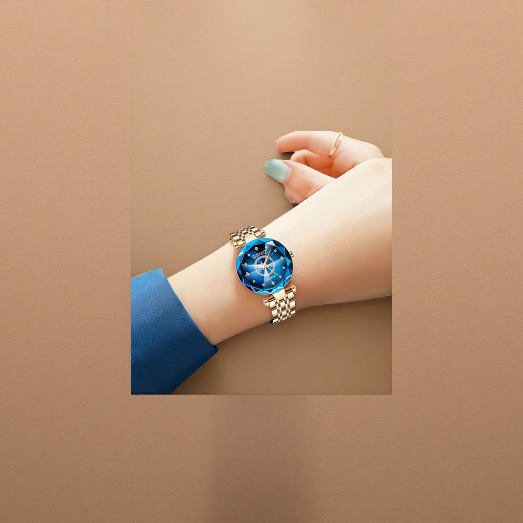 The quartz ladies' watch with a blue dial and golden strap is fashionable, simple and versatile Specification image