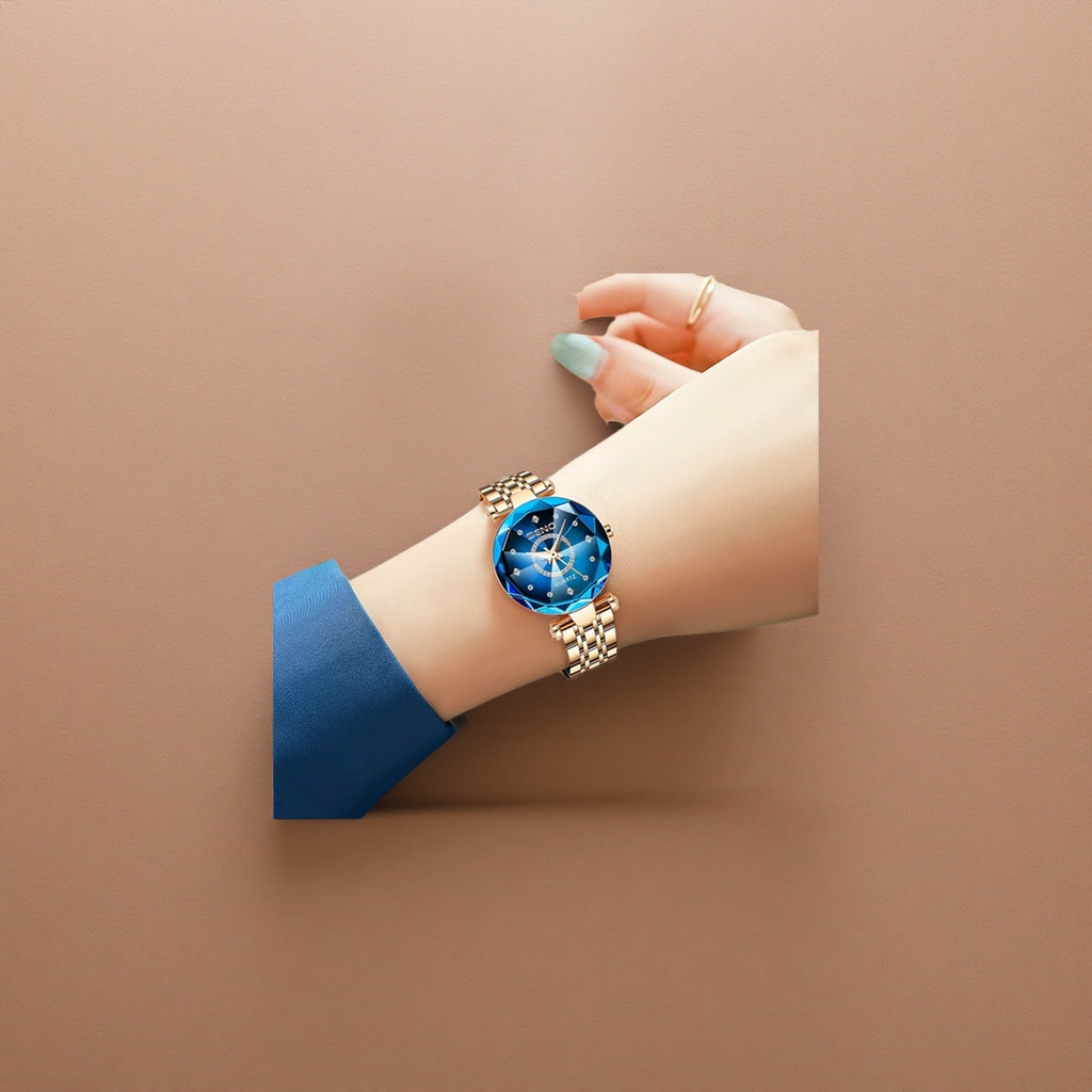 The quartz ladies' watch with a blue dial and golden strap is fashionable, simple and versatile