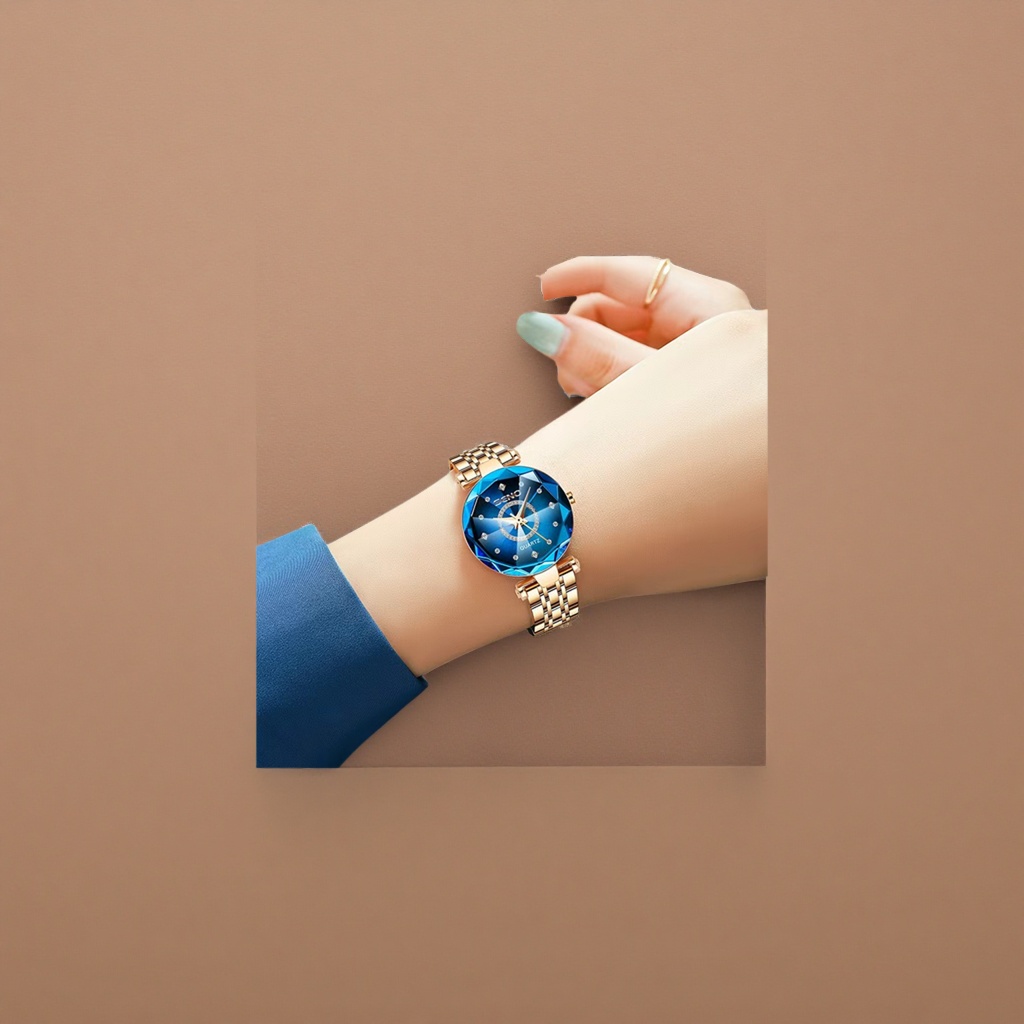 The quartz ladies' watch with a blue dial and golden strap is fashionable, simple and versatile Application Scenario