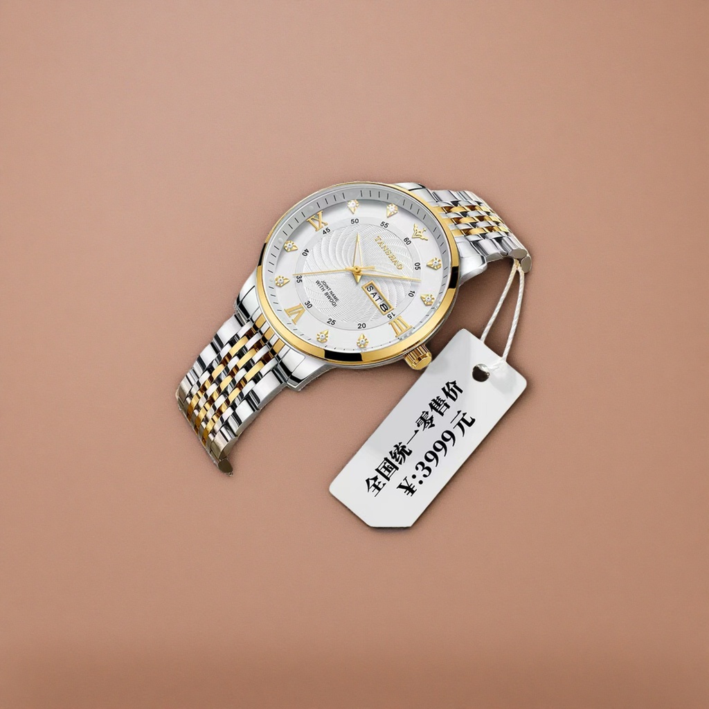 A watch with a gold diamond-encrusted dial and a two-tone metal strap Specification image