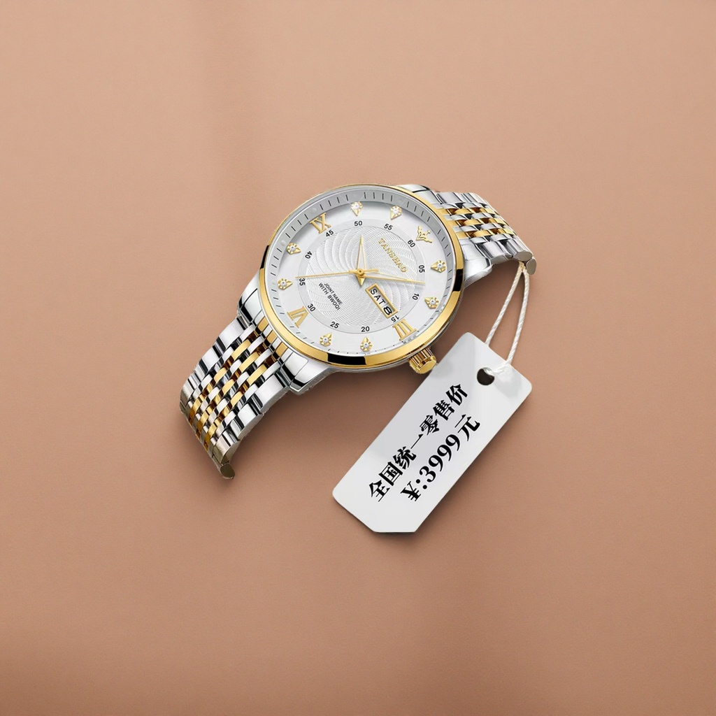 A watch with a gold diamond-encrusted dial and a two-tone metal strap details Picture