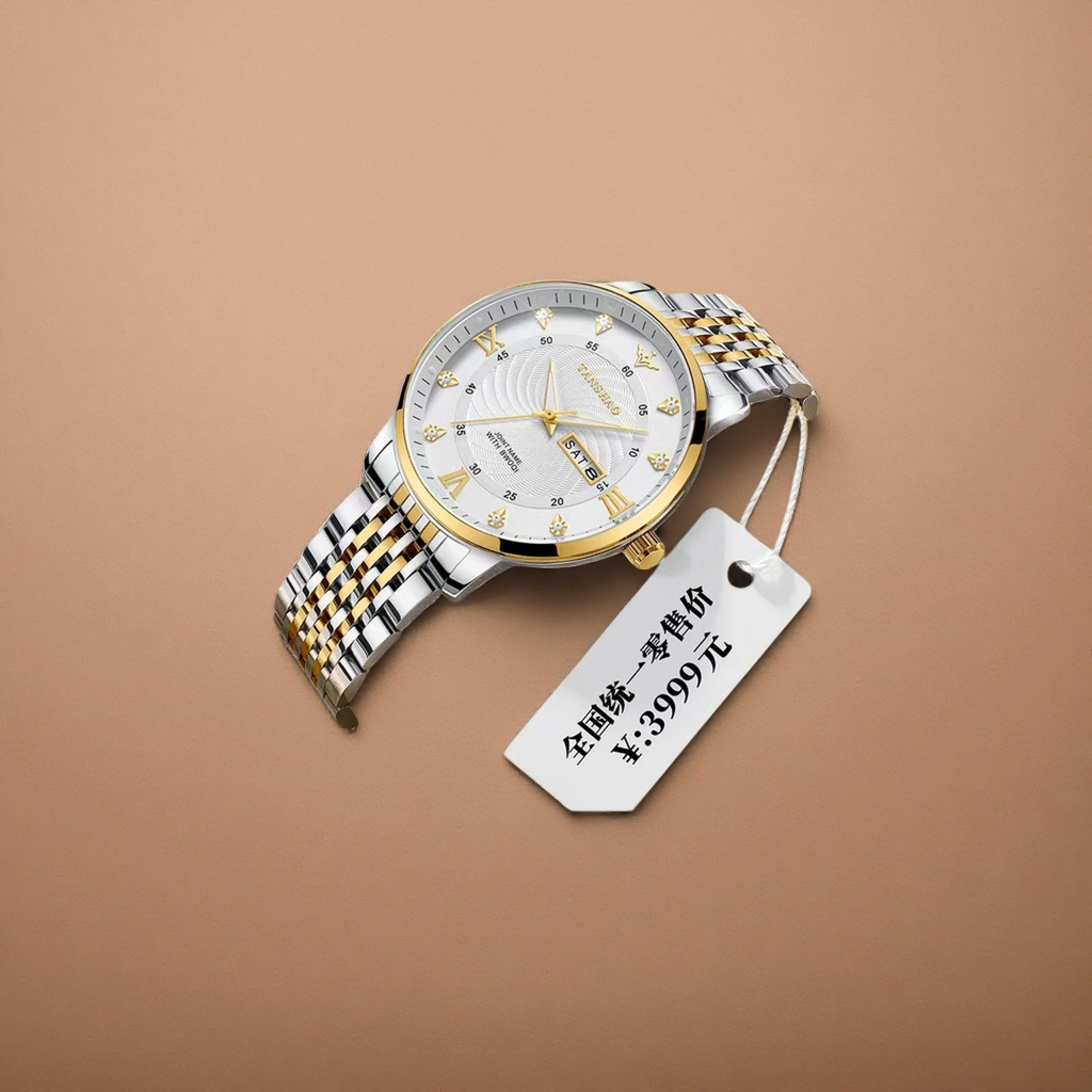 A watch with a gold diamond-encrusted dial and a two-tone metal strap Application Scenario