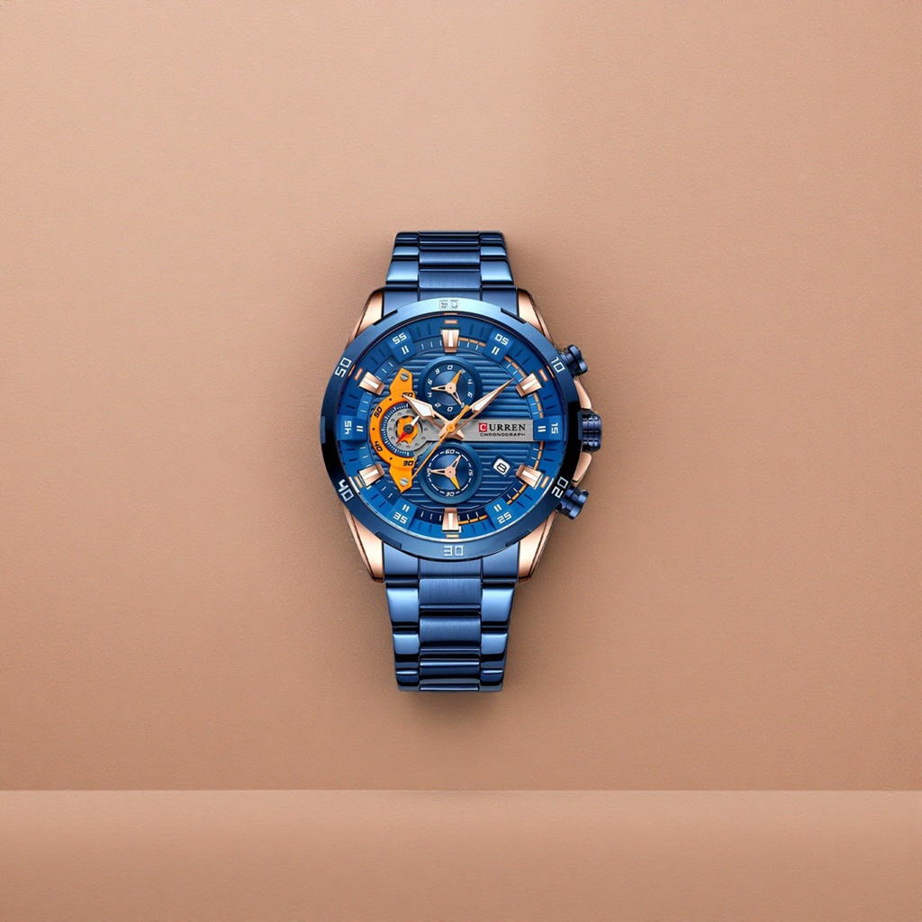 Blue dial chronograph men's mechanical wristwatch with luminous hands and waterproof sports watch