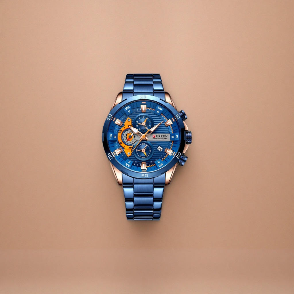 Blue dial chronograph men's mechanical wristwatch with luminous hands and waterproof sports watch details Picture