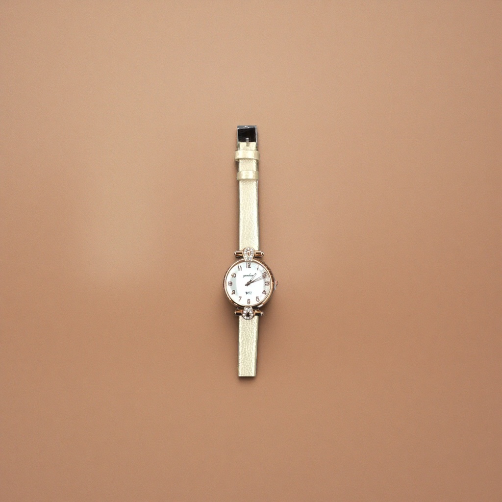 A beige leather strap rose gold diamond-encrusted women's watch details Picture