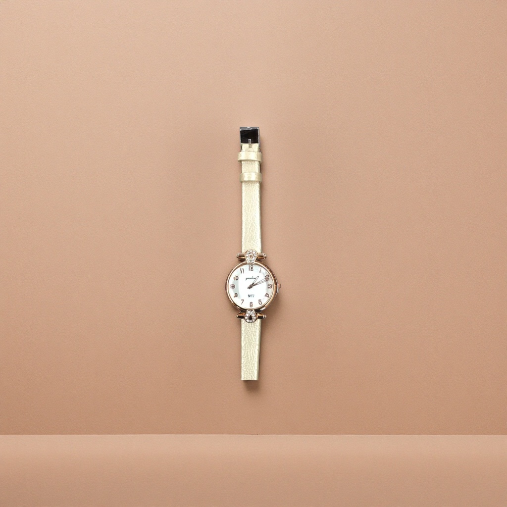A beige leather strap rose gold diamond-encrusted women's watch