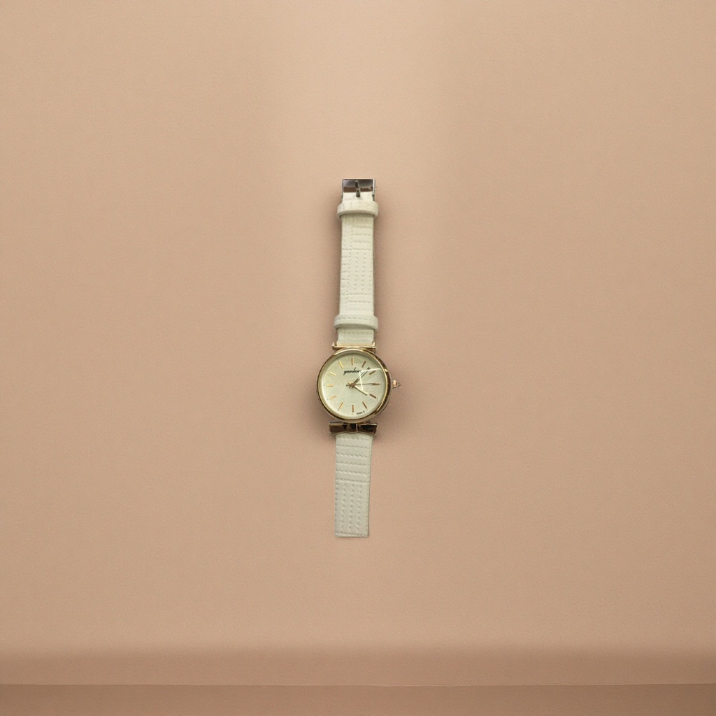 The white strap and golden case quartz watch for women features a simple, fashionable and light luxury style details Picture