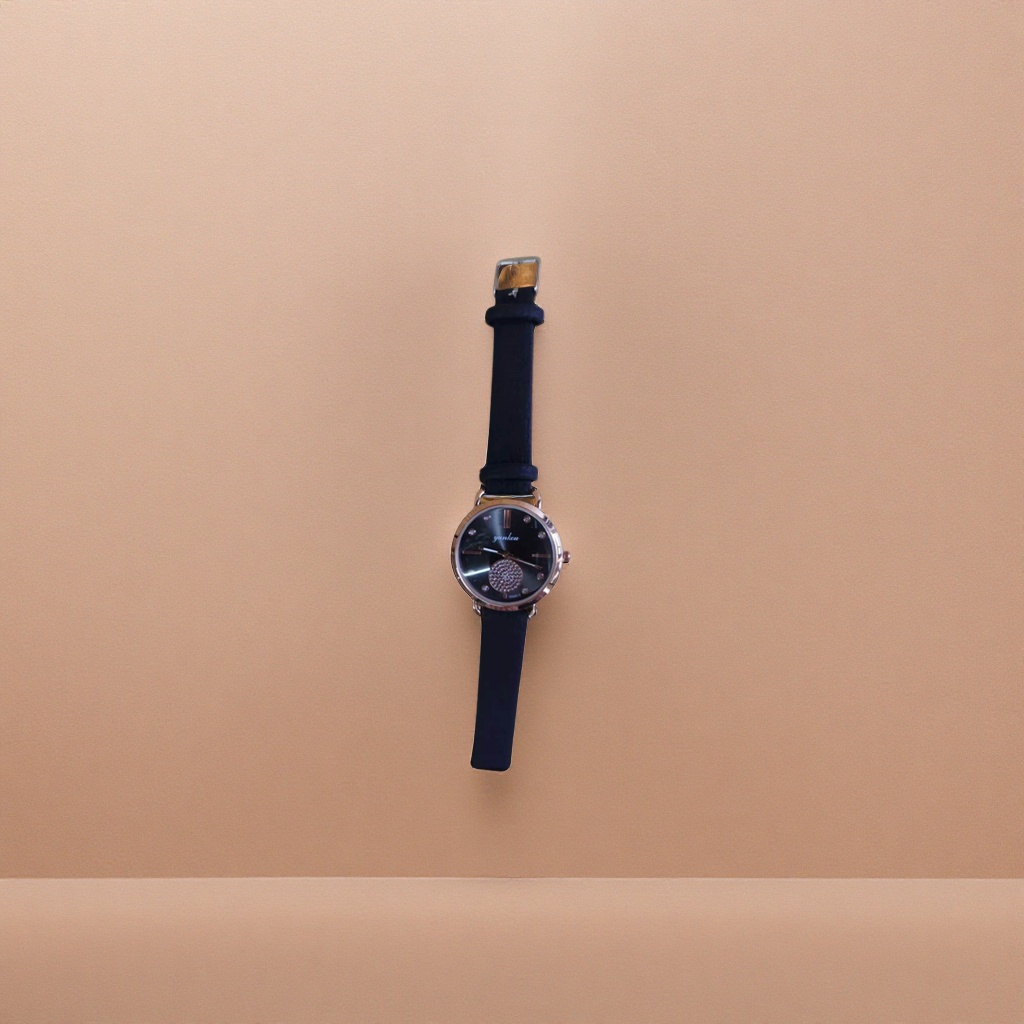 Ladies' quartz watch with black strap and rose gold frame