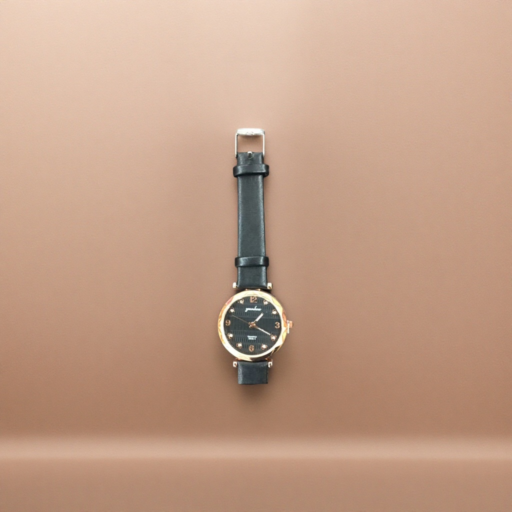 A men's quartz watch with a black strap and a golden case is simple, business-friendly and casual