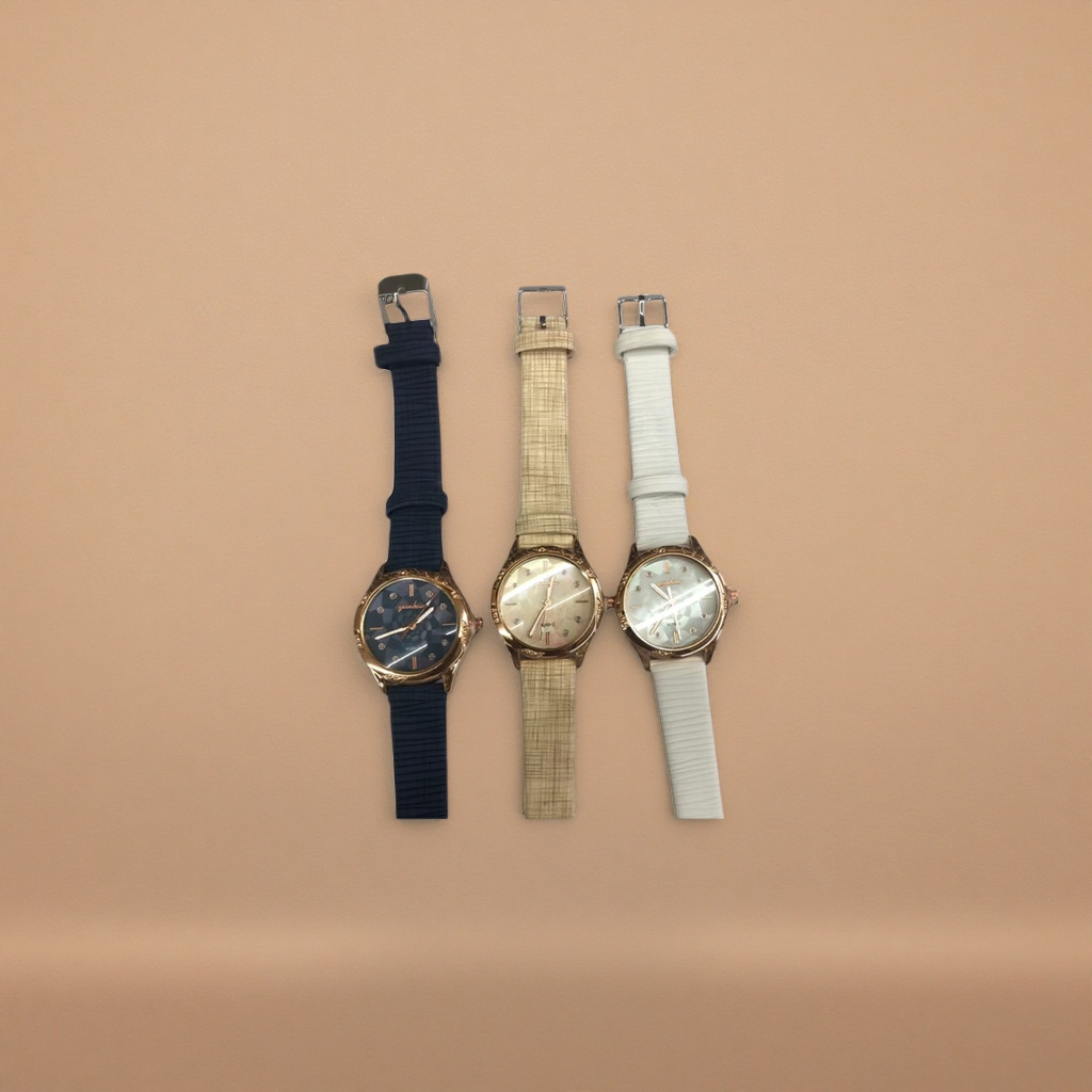 Three men's fashion watches with golden cases and deep blue and off-white textured straps Specification image