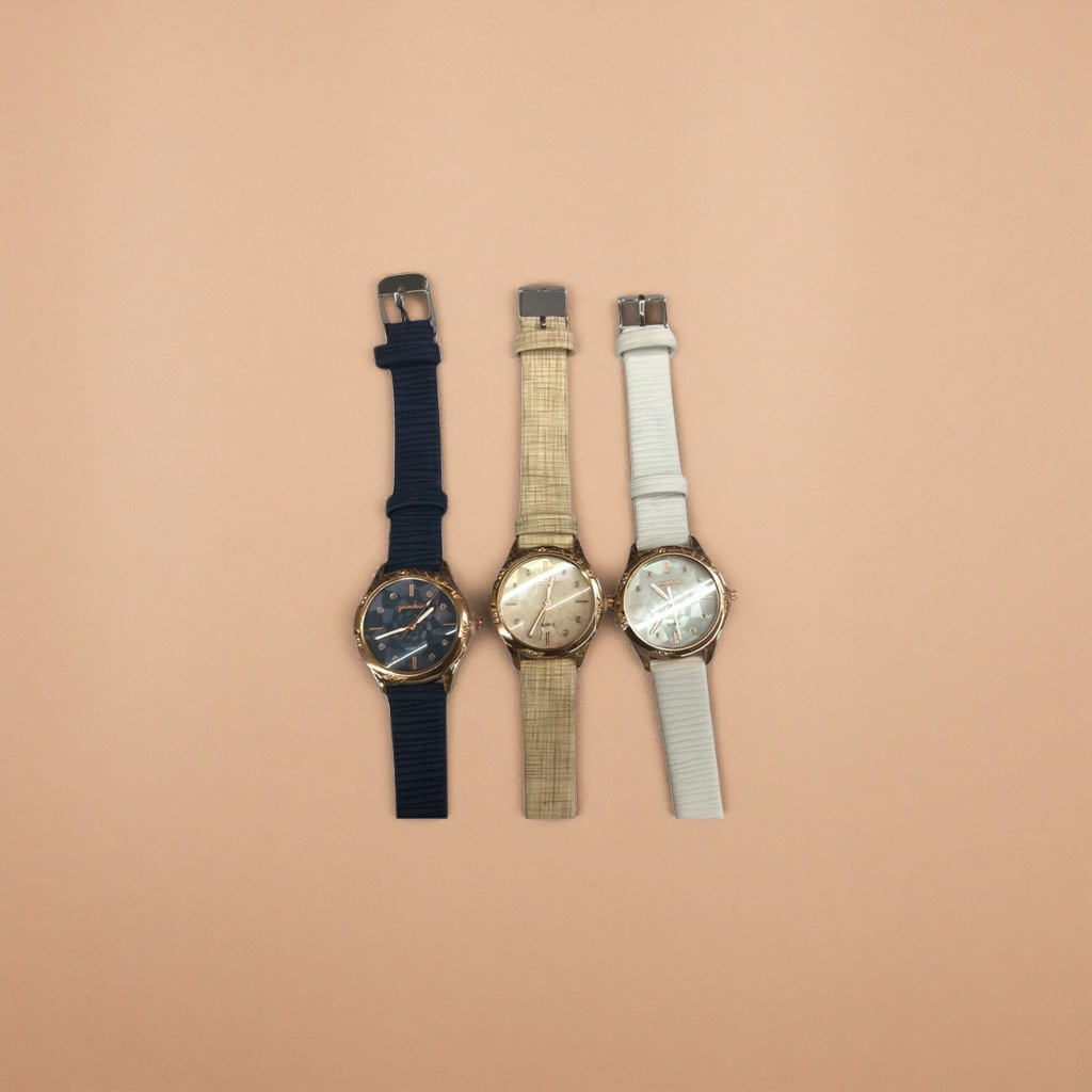 Three men's fashion watches with golden cases and deep blue and off-white textured straps details Picture