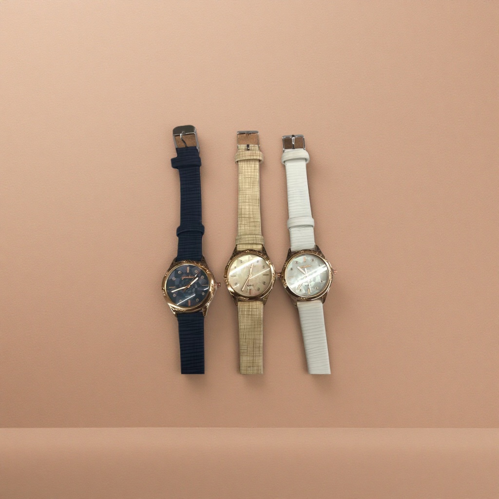 Three men's fashion watches with golden cases and deep blue and off-white textured straps