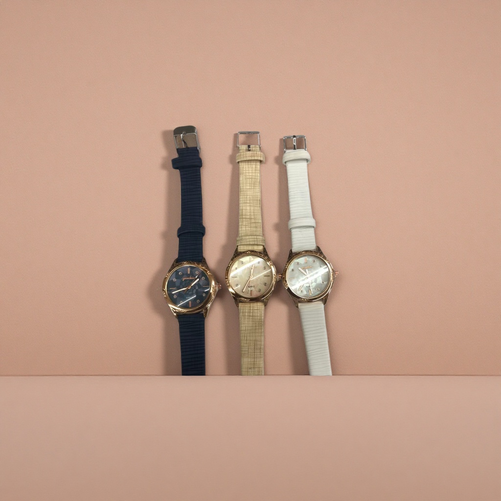 Three men's fashion watches with golden cases and deep blue and off-white textured straps Application Scenario