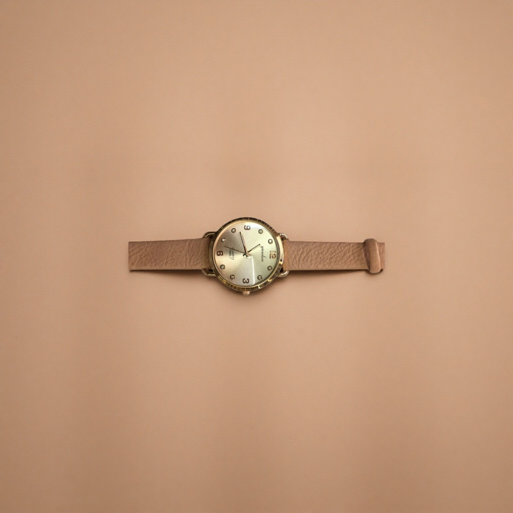 A simple and fashionable quartz watch for both men and women with a golden case and beige leather strap Specification image