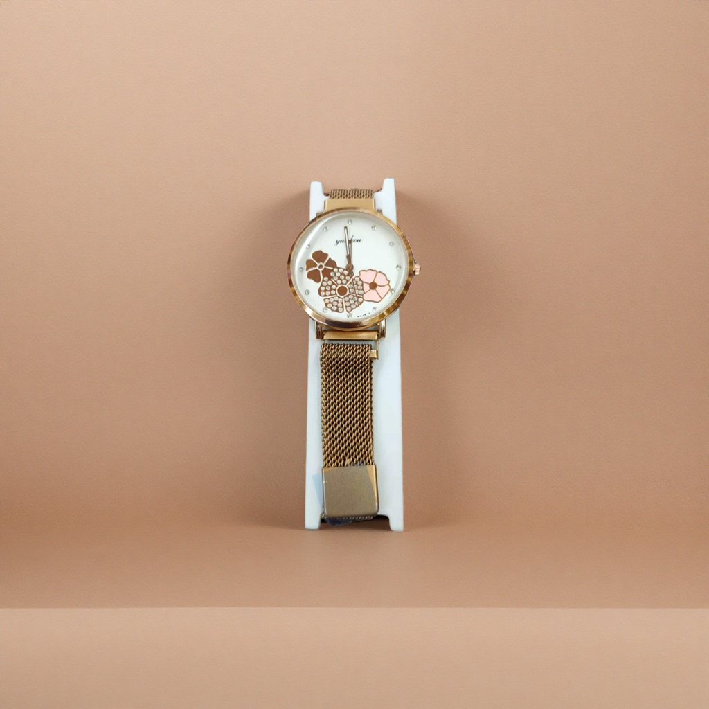 Gold case, white dial, floral pattern rhinestone watch