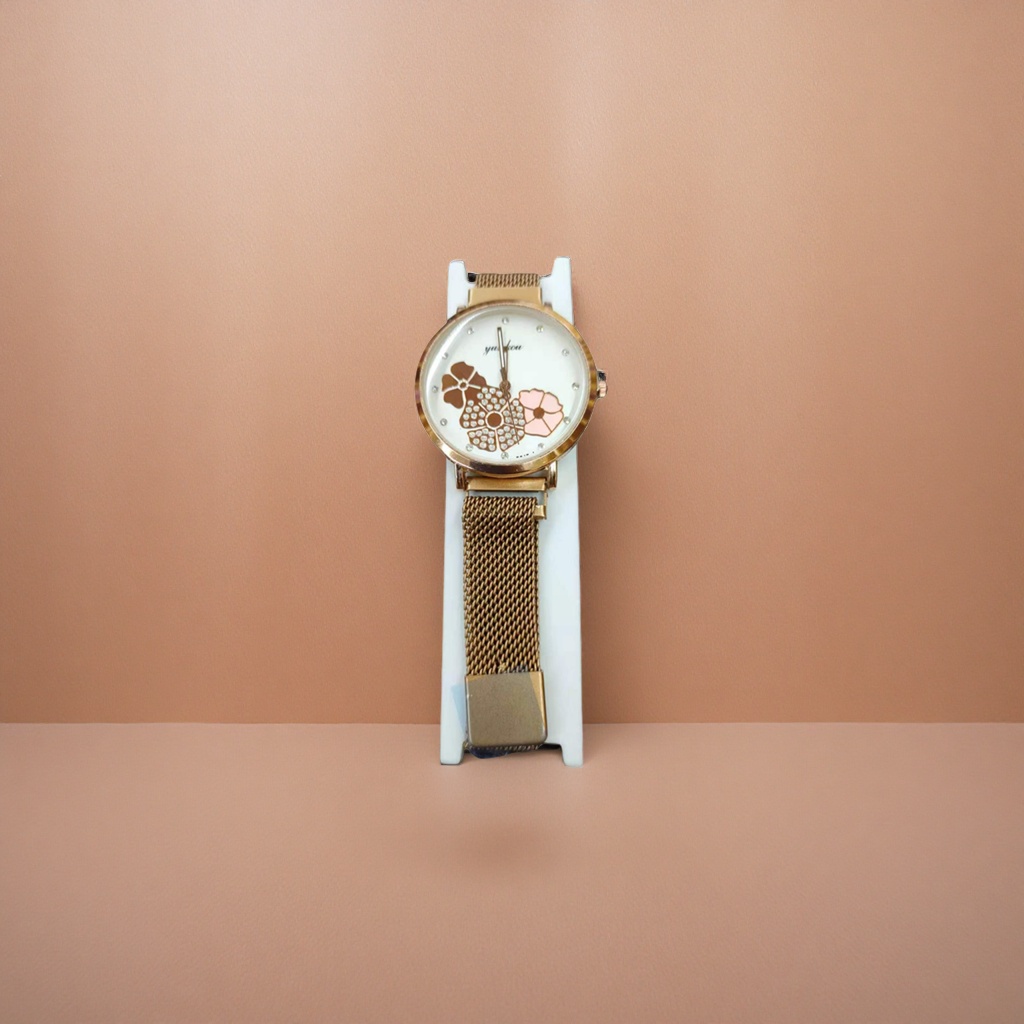 Gold case, white dial, floral pattern rhinestone watch details Picture