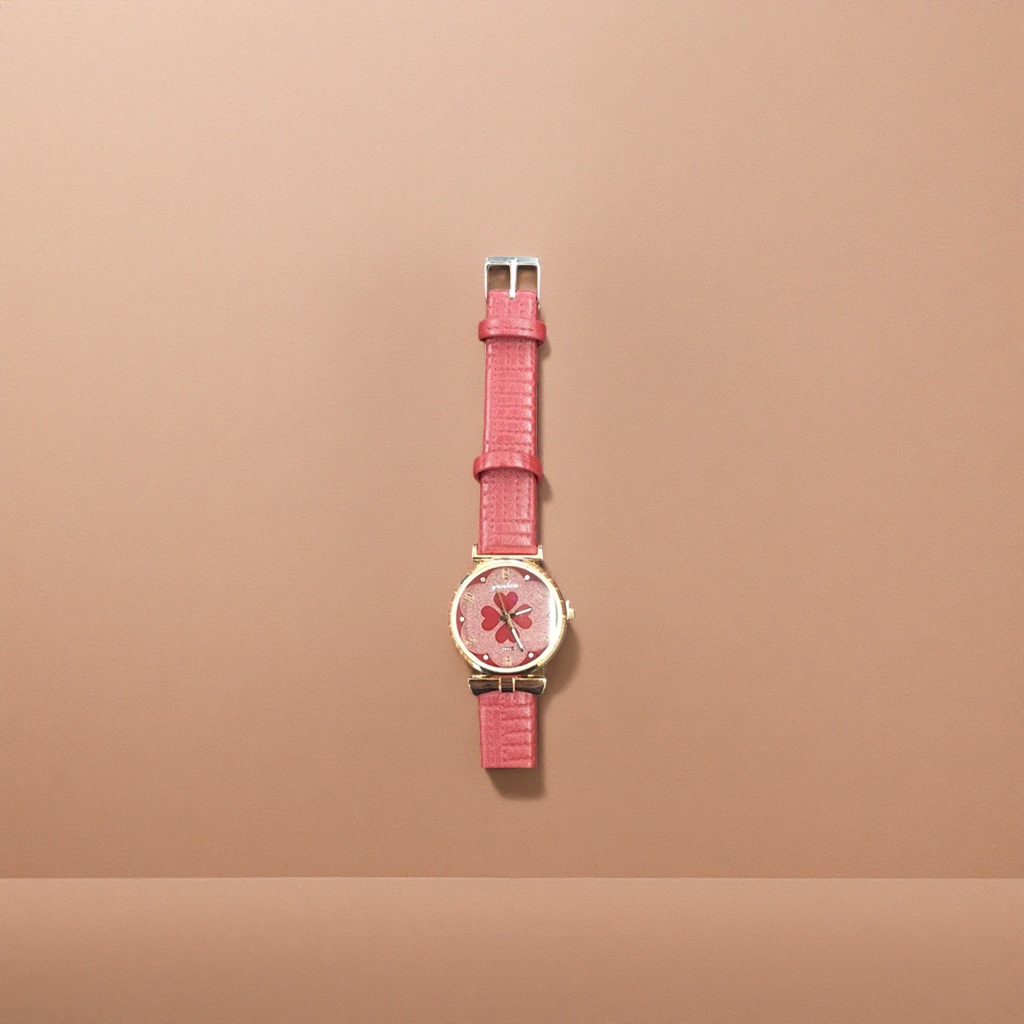 The watch features a red leather strap, a red four-leaf clover dial with a golden border and a dark wooden texture background