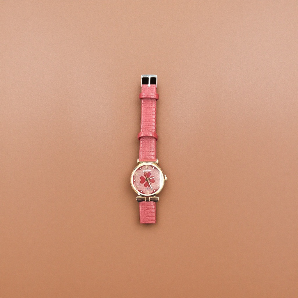 The watch features a red leather strap, a red four-leaf clover dial with a golden border and a dark wooden texture background details Picture