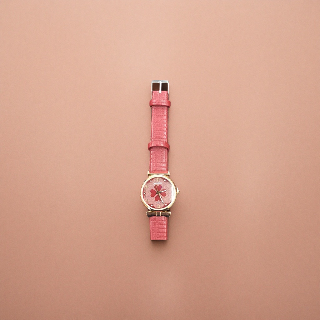 The watch features a red leather strap, a red four-leaf clover dial with a golden border and a dark wooden texture background Specification image