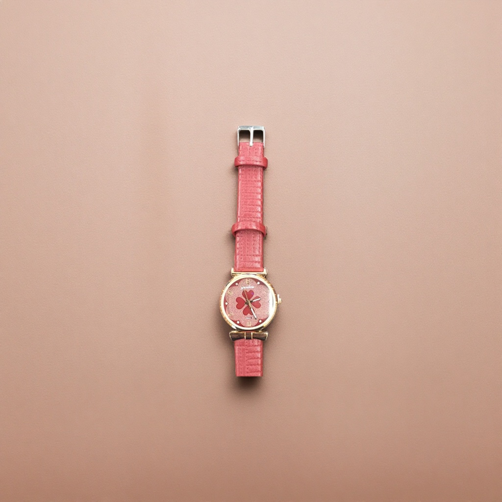 The watch features a red leather strap, a red four-leaf clover dial with a golden border and a dark wooden texture background Application Scenario