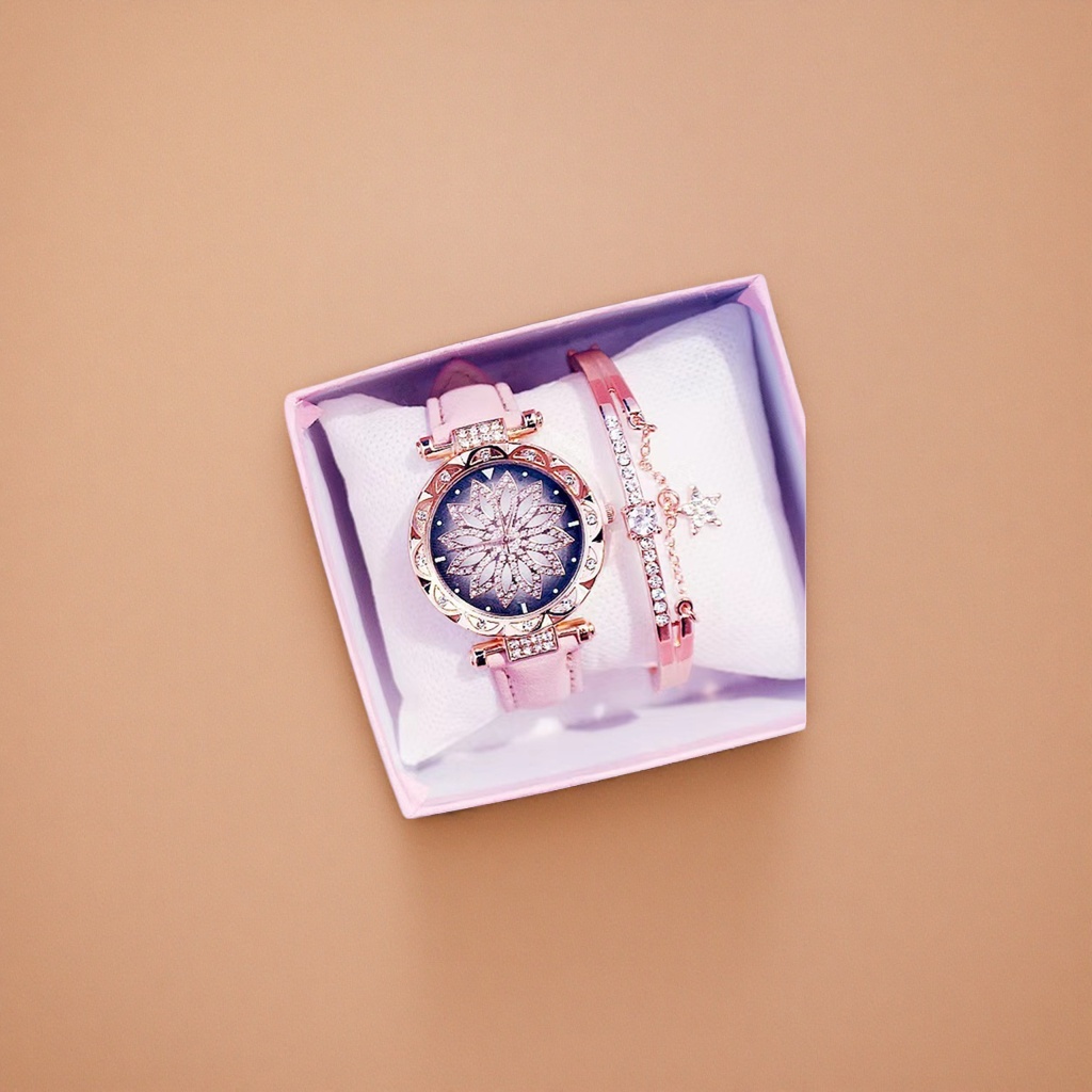 Pink gift box, rose gold diamond-encrusted watch bracelet set details Picture