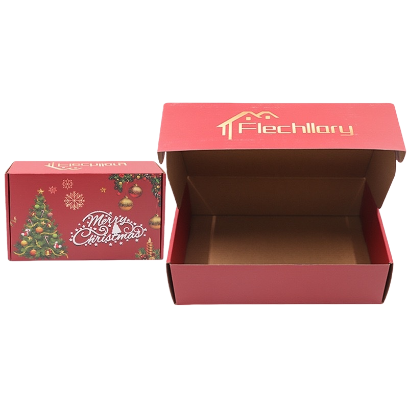 Red cowhide corrugated airplane box with Christmas theme printing and brand logo, open lid display Item Picture