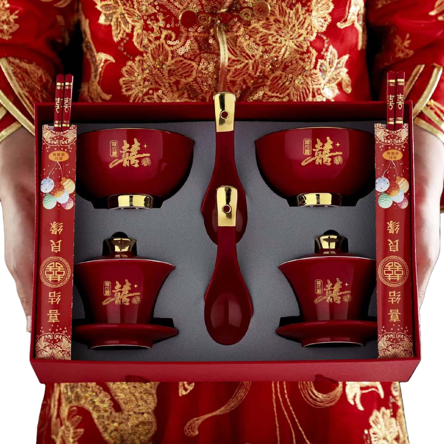 Red festive tableware set, ceramic bowls, plates, chopsticks and spoons four-piece set for newlyweds moving into a new home Item Picture