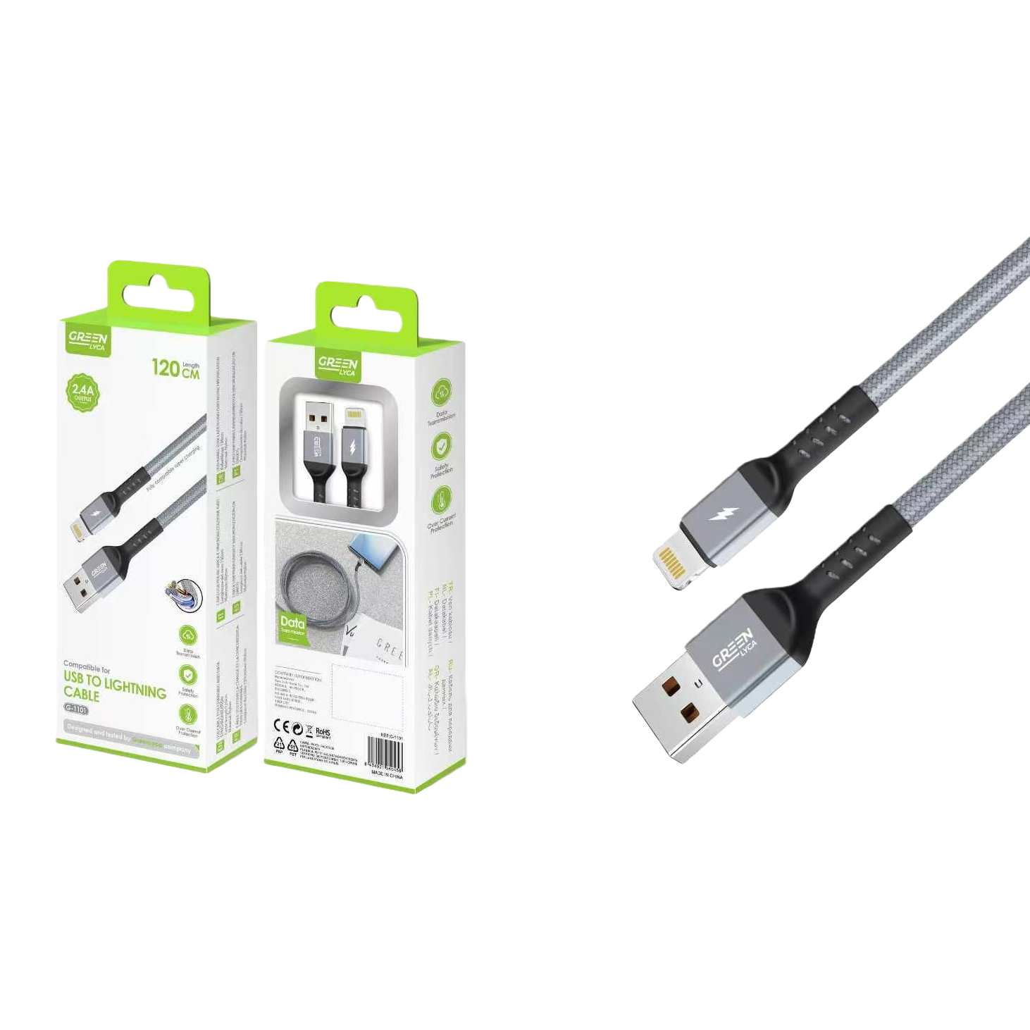 GREEN LYCA灰色编织USB to Lightning数据线 1米 USB-A转Lightning闪电图案 Item Picture