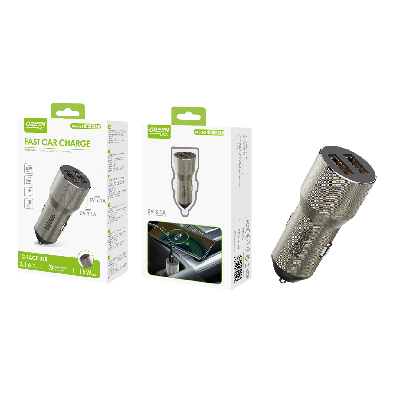 Silver car charger with dual USB fast charging, intelligent recognition car charger, compatible with multiple brand mobile phones Item Picture