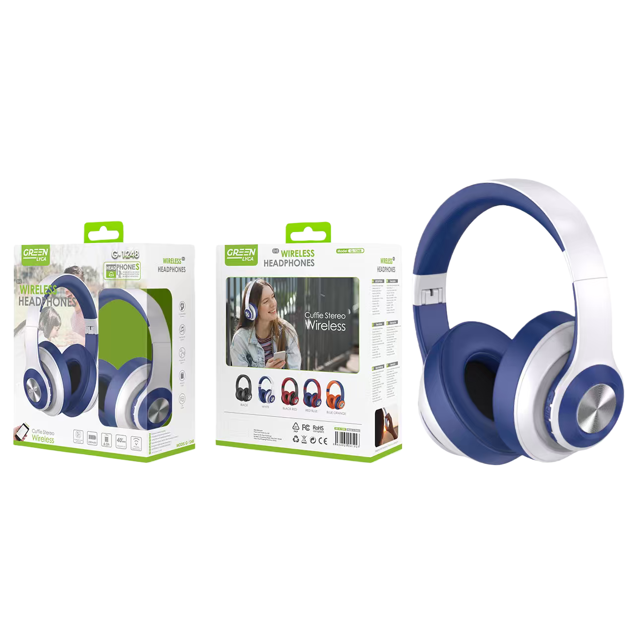 The blue and white wireless Bluetooth headphones are light, comfortable, noise-cancelling and have a long battery life Item Picture