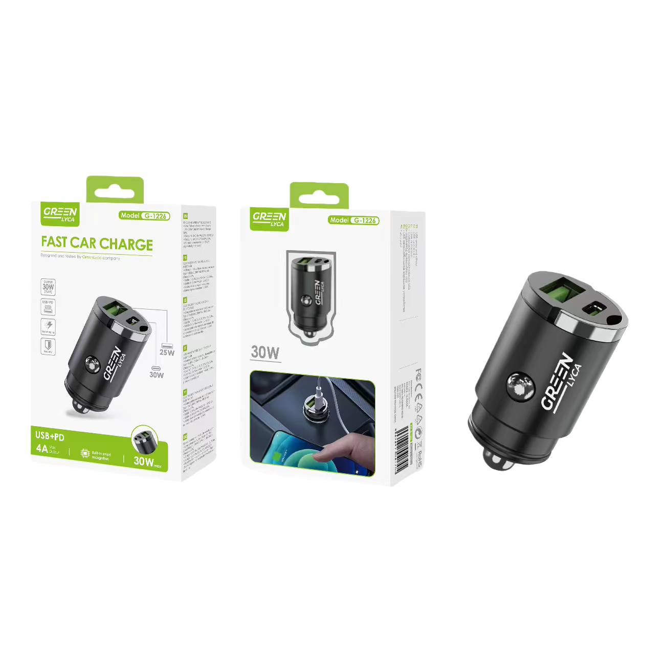 Black car charger with dual USB fast charging for 12V and 24V, compatible with General Motors cigarette lighter Item Picture