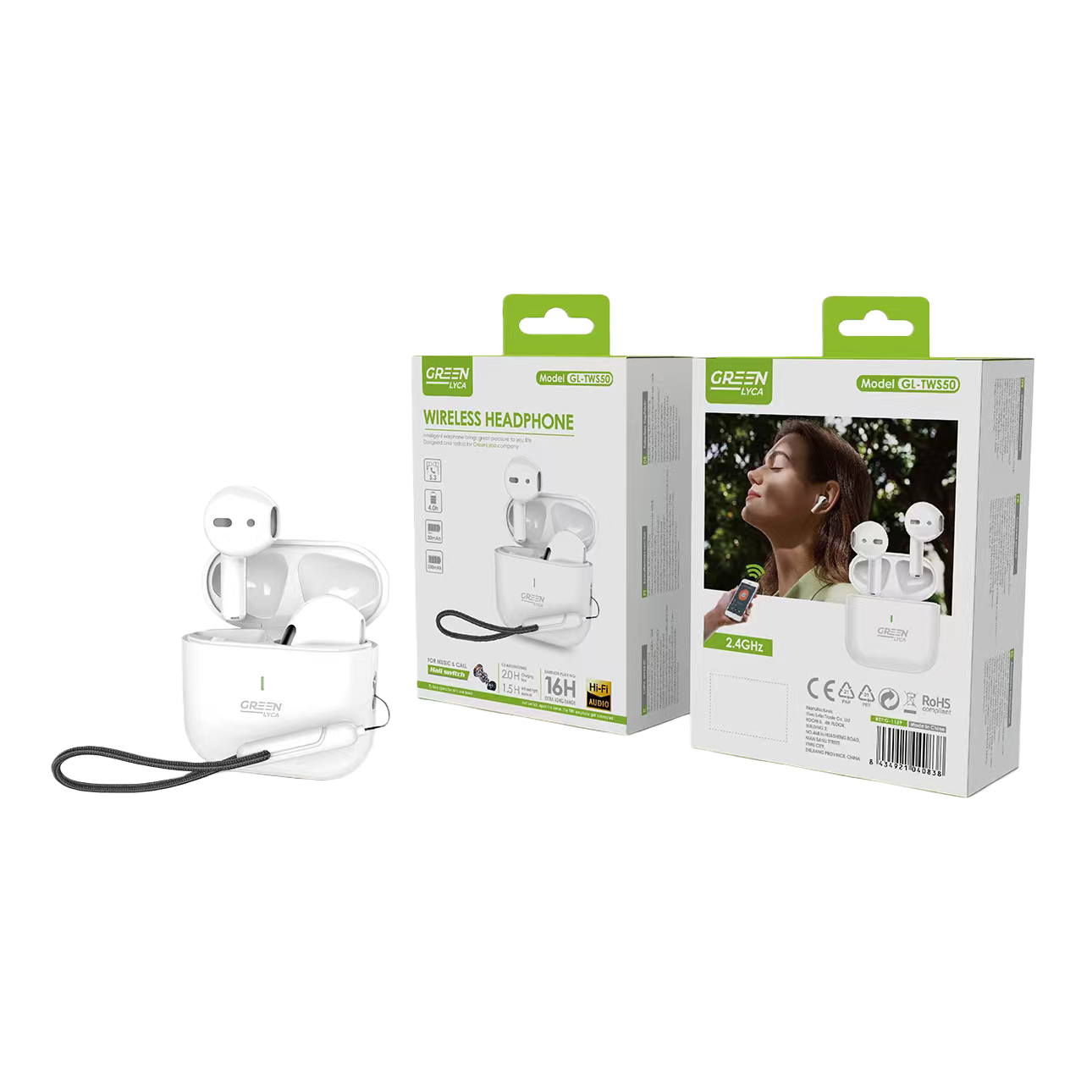 The white wireless headphones and charging case feature Bluetooth 5.3 high-definition sound quality and a battery life of 30 hours Item Picture