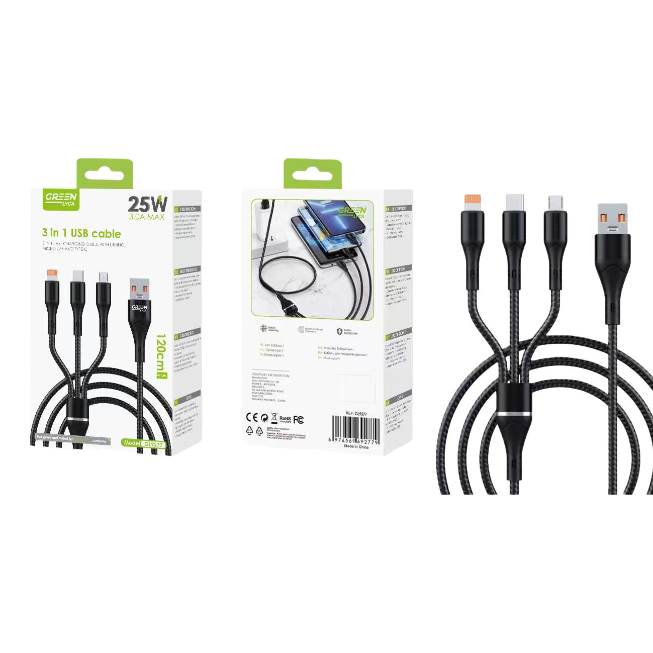 Black braided 3-in-1 USB charging cable and fast charging data cable compatible with Apple and Android Type-C Item Picture