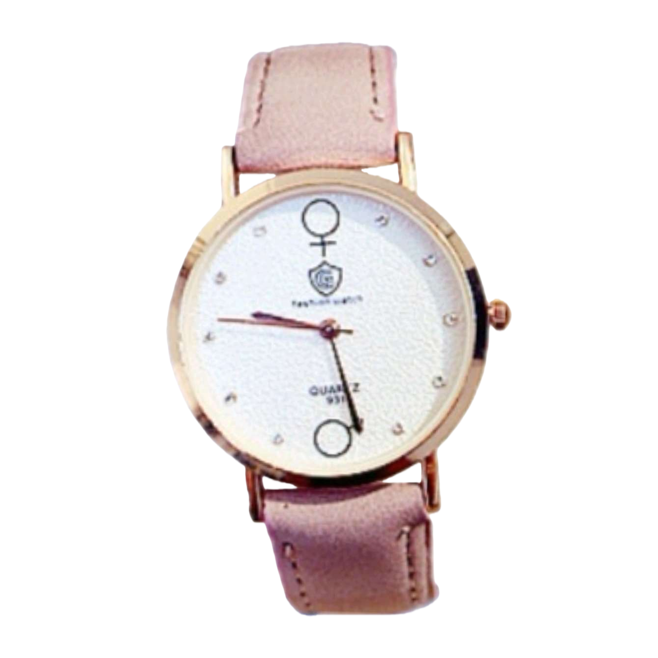A fashionable quartz watch for women with a pink strap and golden bezel Item Picture