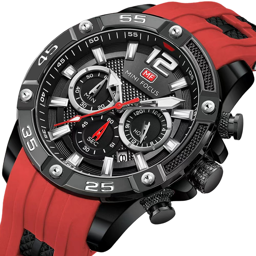 A men's waterproof sports mechanical watch with a black dial and a red strap Item Picture