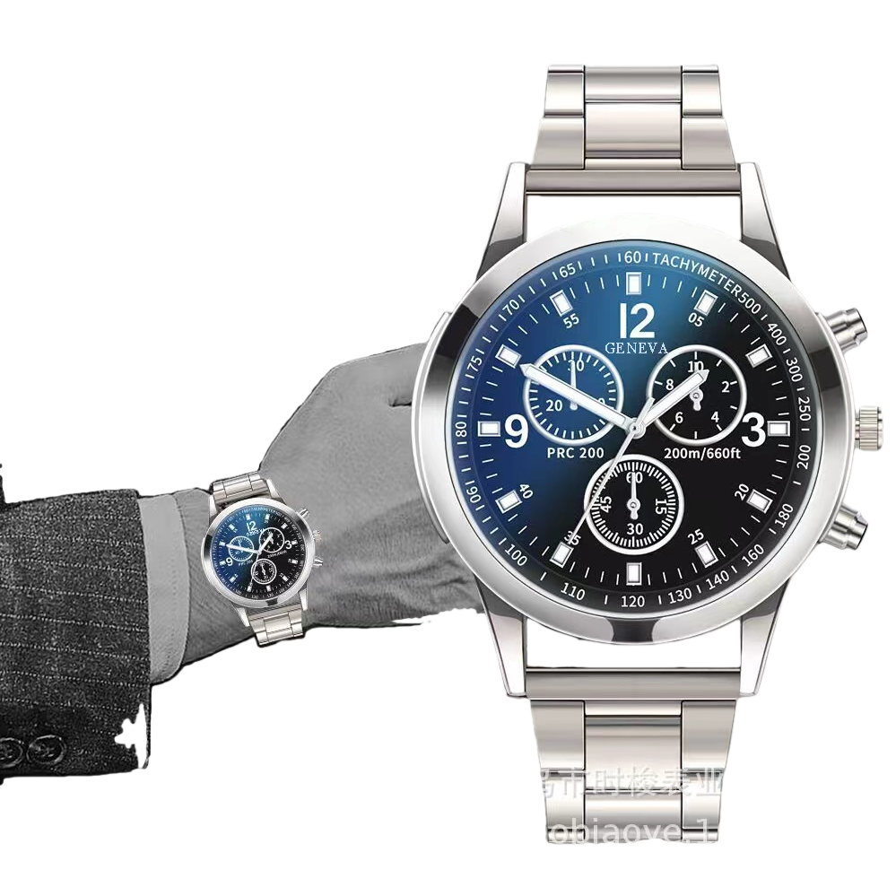 Chronograph with a silver metal strap and a blue dial Item Picture