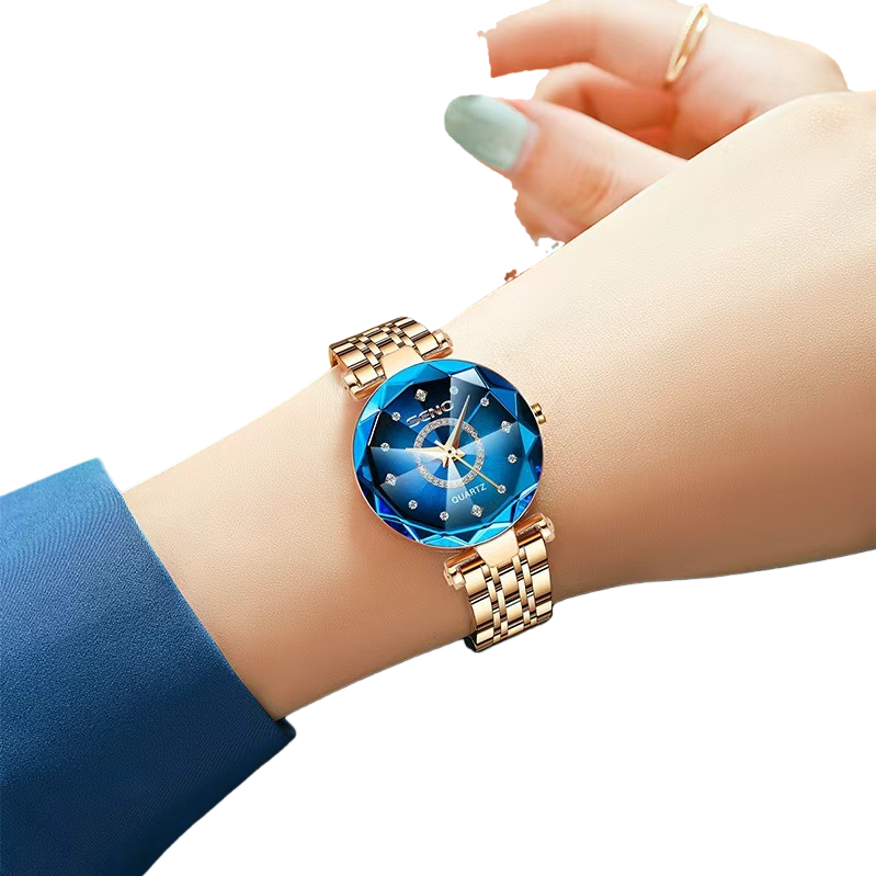 The quartz ladies' watch with a blue dial and golden strap is fashionable, simple and versatile Item Picture